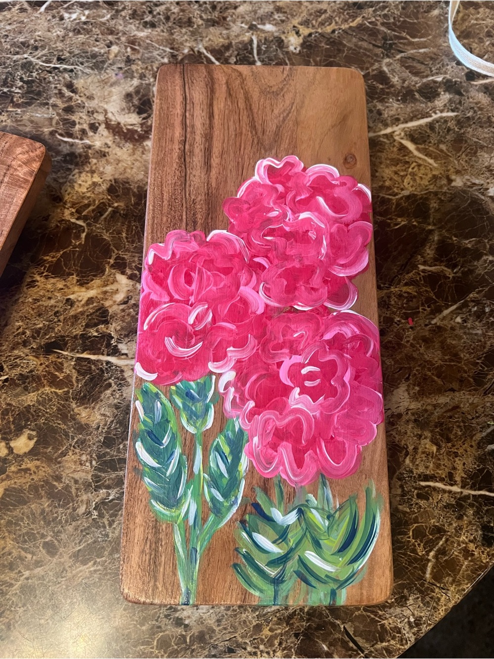 Hand-Painted Pink Flower Wood Serving Board